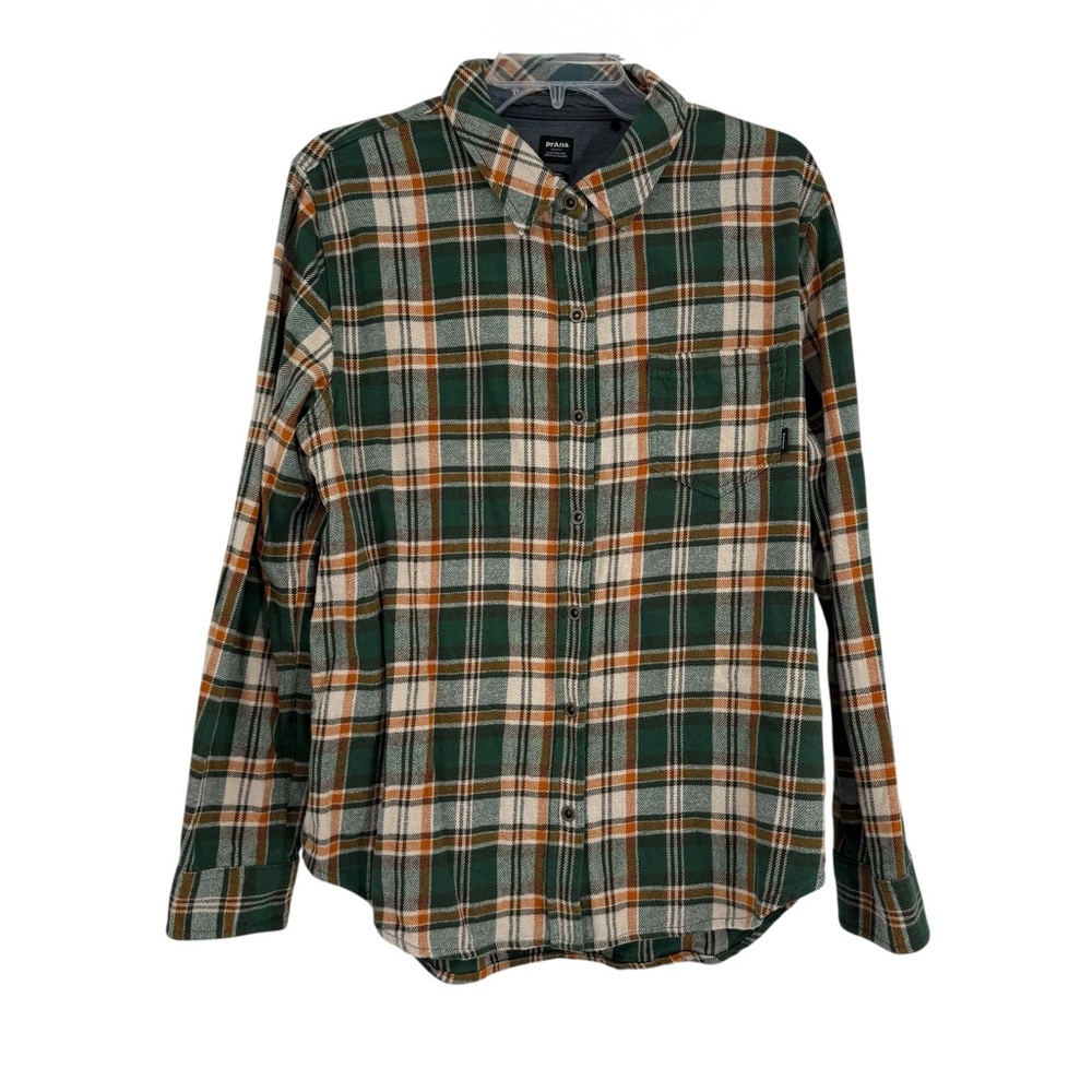 PRANA Golden Canyon Flannel Organic Button Down Shirt WOMEN Size L Green Plaid